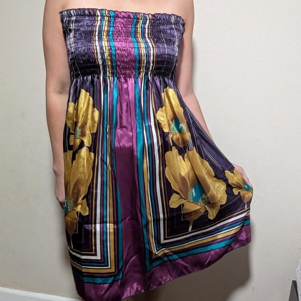 Women's Medium Yellow and Purple Floral Tubetop Dress / Skirt